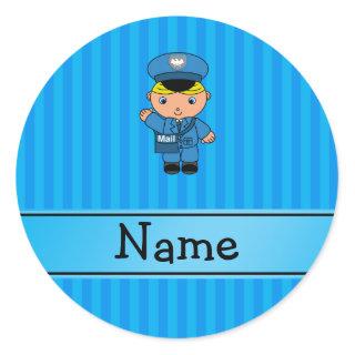 Personalized name mailman blue stripes classic round sticker