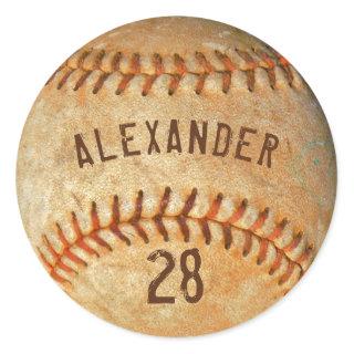 Personalized Name & Number White Baseball Sports  Classic Round Sticker
