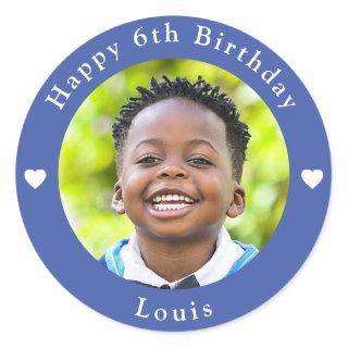Personalized Name, Photo And Age Birthday Blue Classic Round Sticker