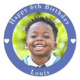 Personalized Name, Photo And Age Birthday Blue Classic Round Sticker