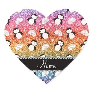 Personalized name rainbow glitter penguins igloos heart sticker