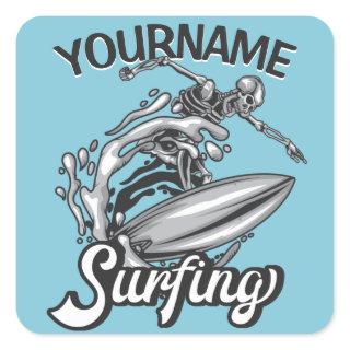 Personalized NAME Surfer Big Wave Skeleton Surfing Square Sticker