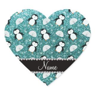 Personalized name turquoise glitter penguins igloo heart sticker