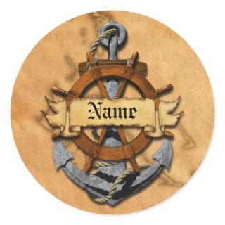 Personalized Nautical Anchor And Wheel Classic Round Sticker