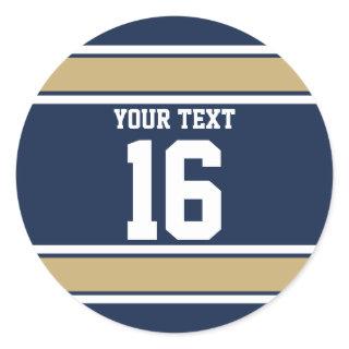 Personalized Navy Blue and Gold Sports Stripes Classic Round Sticker