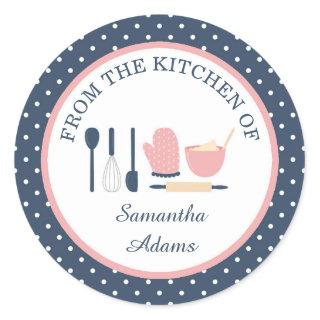 Personalized Navy Blue and Pink Baking Kitchen Classic Round Sticker