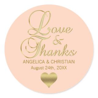 Personalized PEACH Gold LOVE & THANKS Wedding Classic Round Sticker