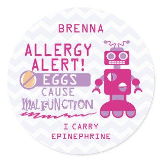 Personalized Pink Robot Egg Allergy Alert Classic Round Sticker