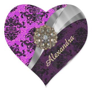 Personalized pretty magenta girly damask pattern heart sticker