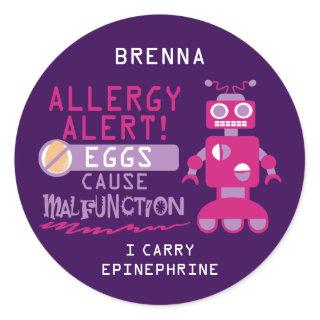Personalized Purple Pink Robot Egg Allergy Alert Classic Round Sticker