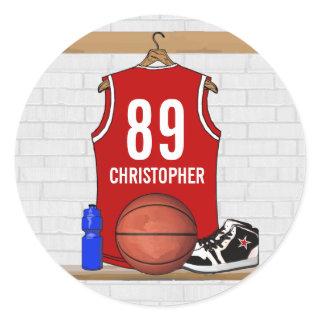Personalized Red and White Basketball Jersey Classic Round Sticker