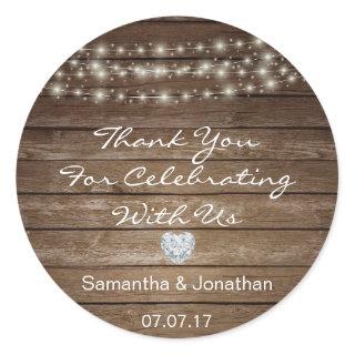 Personalized Rustic String Lights Wood Wedding Classic Round Sticker