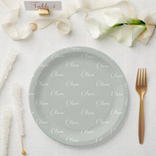 Personalized Sage Green Girly Elegant Name  Paper Plates