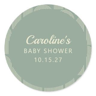 Personalized Sage Green Mod Geometric Baby Shower Classic Round Sticker