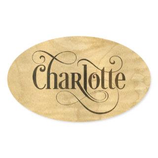 Personalized Swirly Script Charlotte Wood Veneer Oval Sticker