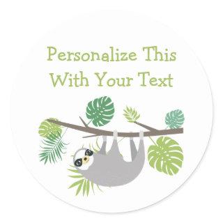 Personalized Text Fun Hanging Sloth Classic Round Sticker