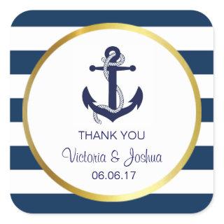 Personalized Thank You Nautical Navy Gold Wedding Square Sticker