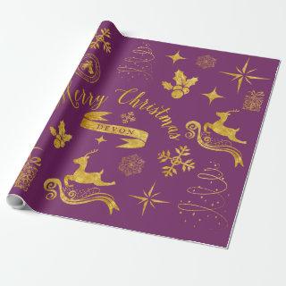 Personalized Vintage Gold & Purple Christmas Wrap