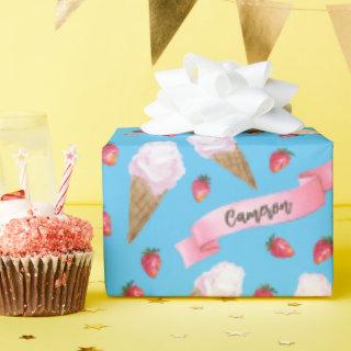 Personalized Watercolor Strawberry Ice Cream Cone