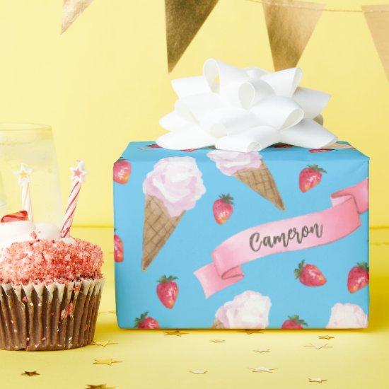 Personalized Watercolor Strawberry Ice Cream Cone