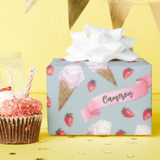 Personalized Watercolor Strawberry Ice Cream Cone
