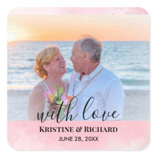 Personalized Wedding Photo With Sparkly Baby Pink  Square Sticker