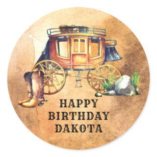 Personalized Western Theme Stagecoach Birthday  Cl Classic Round Sticker