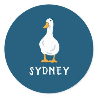 Personalized White Duck Illustration Navy Blue Classic Round Sticker