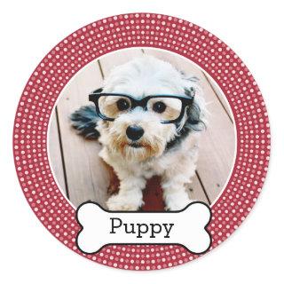 Pet Photo with Dog Bone - red polka dots Classic Round Sticker