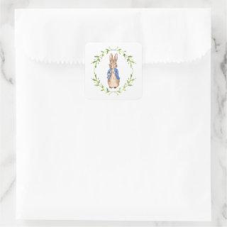 Peter the Rabbit with Green leaf Wreath   Square Sticker