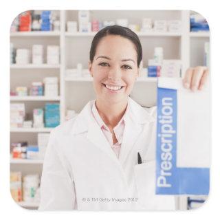 Pharmacist holding prescription in drug store square sticker