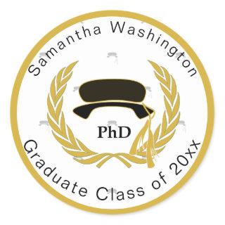 PhD Doctor Graduate Beefeater Pattern Gold Border Classic Round Sticker