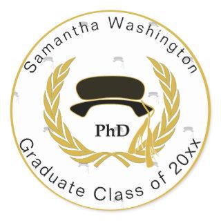 PhD Doctor Graduate Beefeater Pattern Gold Border Classic Round Sticker