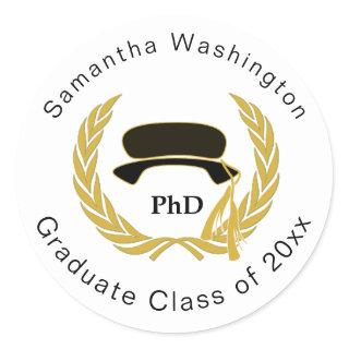 PhD Doctor Graduate Beefeater Tam Gold Wreath Classic Round Sticker