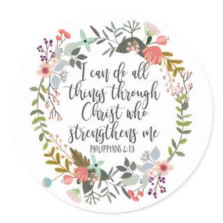 Philippians 4:13 I can do all things, Floral Classic Round Sticker