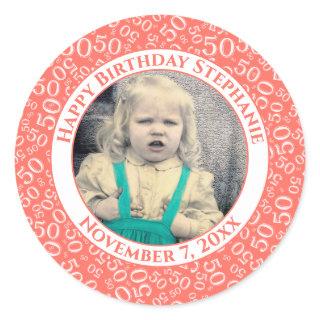 Photo 50th Party Random Number Pattern Coral Classic Round Sticker