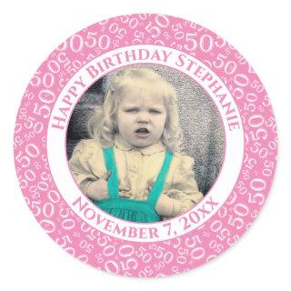 Photo 50th Party Random Number Pattern Pink Classic Round Sticker