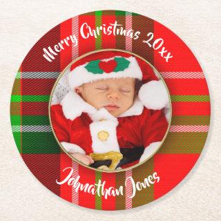 Photo - Festive Christmas Red Tartan Picture Frame Round Paper Coaster