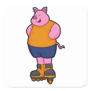 Pig as Skater with Inline skates Square Sticker