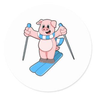 Pig as Skier with Ski Scarf & Ski poles Classic Round Sticker