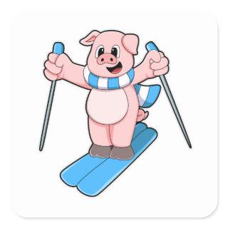 Pig as Skier with Ski Scarf & Ski poles Square Sticker