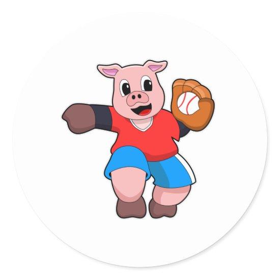 Pig at Baseball with Baseball glove Classic Round Sticker