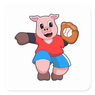 Pig at Baseball with Baseball glove Square Sticker