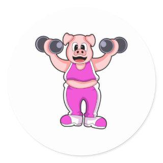 Pig at Bodybuilding with Dumbbells Classic Round Sticker