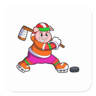 Pig at Ice hockey with Ice hockey stick Square Sticker