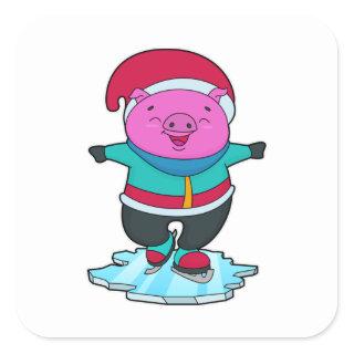 Pig at Ice skating with Ice skates & Hat Square Sticker