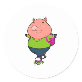 Pig at Inline skating with Roller skates Classic Round Sticker