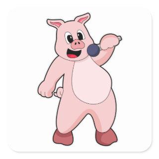 Pig at Singing with Microphone Square Sticker
