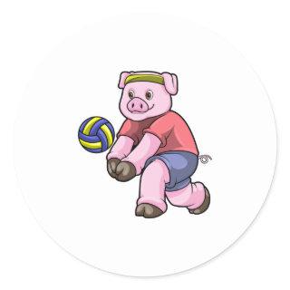 Pig at Sports with Volleyball Classic Round Sticker