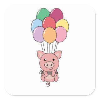 Pig Flies Up With Colorful Balloons Square Sticker